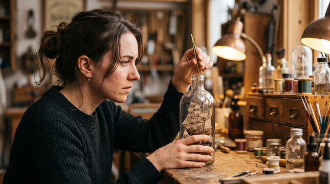 Woman with intense focus building ship in bottle in cluttered workshop