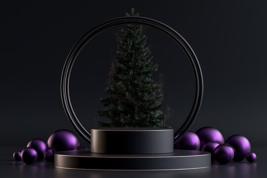 Minimalist black display podium framed by circular ring and festive purple spheres for elegant seasonal product presentation with cylindrical pedestal centered