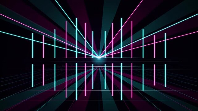 Abstract 3d digital environment with glowing neon laser lines and a grid floor, creating a futuristic synthwave aesthetic with symmetrical light beams