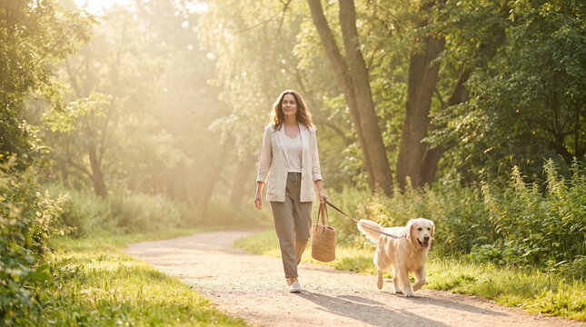 Woman walking a dog in a park during a sunny day