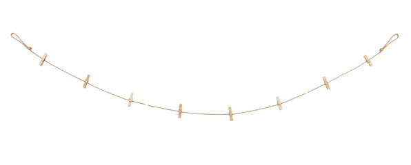 Simple brown jute rope with small wooden clothespins hanging in a gentle curve against a clean white background © Chinases