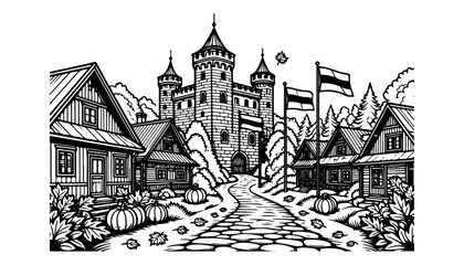 Obraz premium Traditional European Medieval Village with Grand Castle, Cobblestone Street and Rustic Houses Line Art