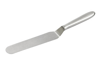 Fototapeta premium Shiny silver metal kitchen spatula with a smooth handle is angled on a clean white background
