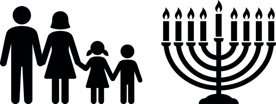 Hanukkah Jewish family silhouette icons, traditional menorah with lit candles, religious holiday celebration vector set for greeting cards