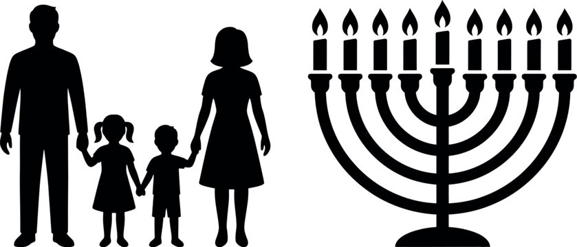 Hanukkah Jewish family silhouette with menorah, traditional Chanukah holiday celebration icons, black and white religious vector art