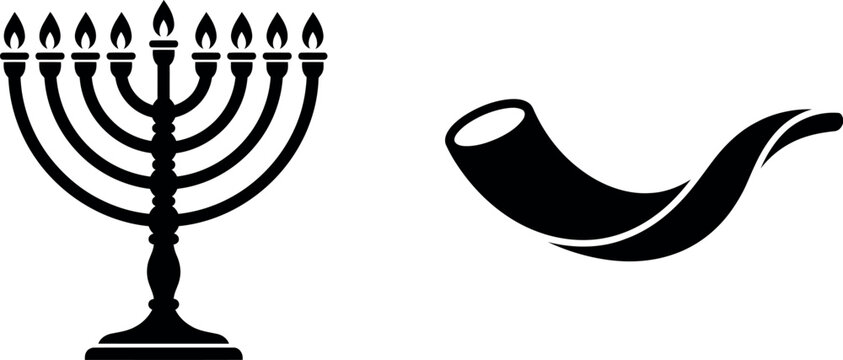 Jewish Hanukkah menorah and shofar horn icons, black silhouette religious symbols vector, traditional Chanukah candelabra and ram horn set