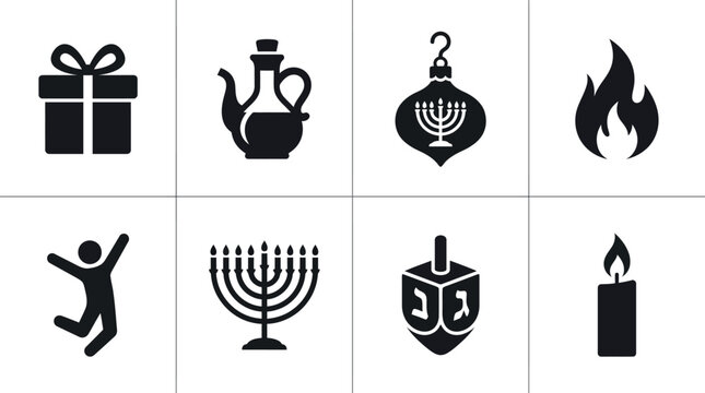Hanukkah holiday icon set with 8 black vector elements, Jewish festival symbols including menorah and dreidel, religious celebration graphics
