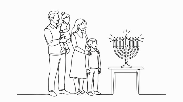 Continuous line drawing of a happy family celebrating Hanukkah, Jewish family lighting the menorah candles, minimalist holiday tradition vector art