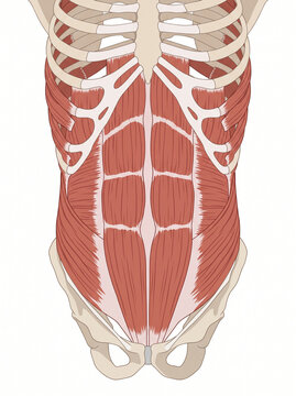 Anatomical illustration of human abdominal wall muscles including rectus abdominis, obliques, and rib cage skeletal structure for medical education and science