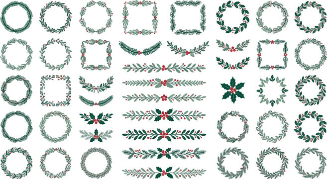 Christmas floral wreaths and borders set, winter botanical laurel frames with holly berries, hand drawn evergreen foliage vector collection