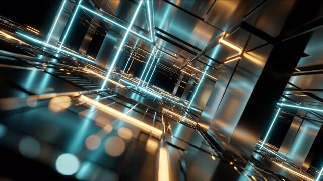 真鍮スリット開口から幾何学光グリッドへと迫るサイエンスCG背景