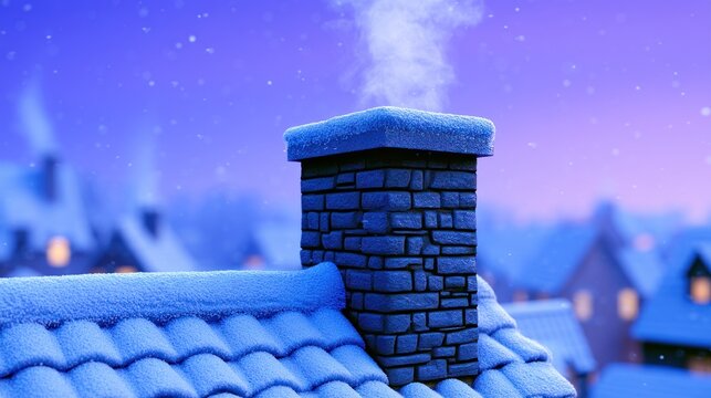 Snow-covered chimney emits smoke against a soft twilight sky, rooftops line the idyllic winter village