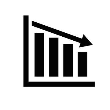Bar chart icon with a downward trend arrow indicating a decline or decrease in performance, business growth, or financial statistics