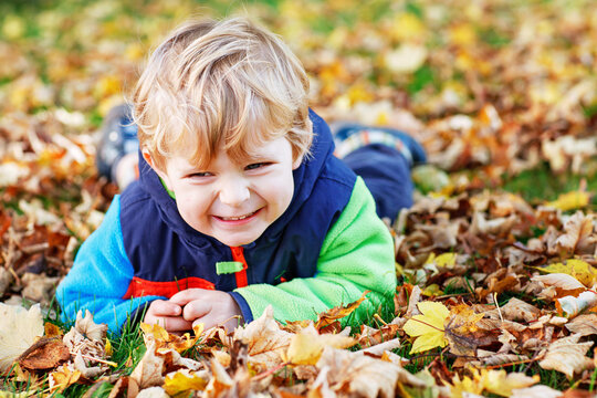 Cute little boy playing with maple leaves outdoors. Happy child walking in autumn park. Toddler baby boy wears trendy jacket . smiling Blonde boy portrait. Autumn fashion. Stylish child outside.