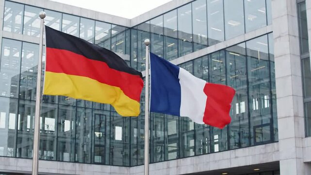 German and french flags waving together in front of modern glass corporate office building germany france