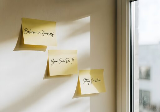 Three inspirational handwritten sticky notes attached to a wall with encouraging messages for selfmotivation