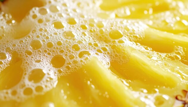 Fresh pineapple pieces submerged in frothy yellow juice.