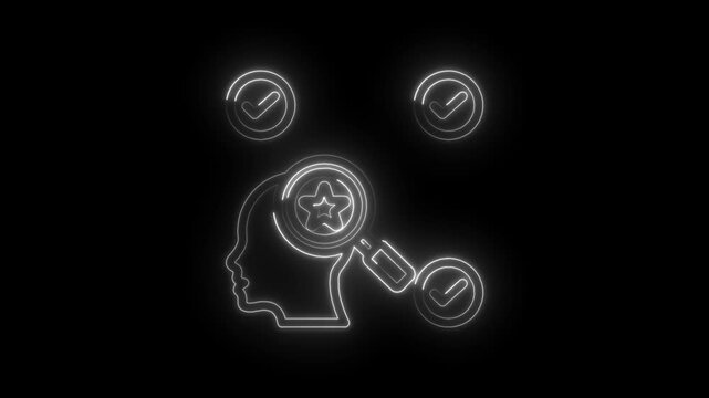 Neon outline human head profile with magnifying glass examining star and three checkmarks icon