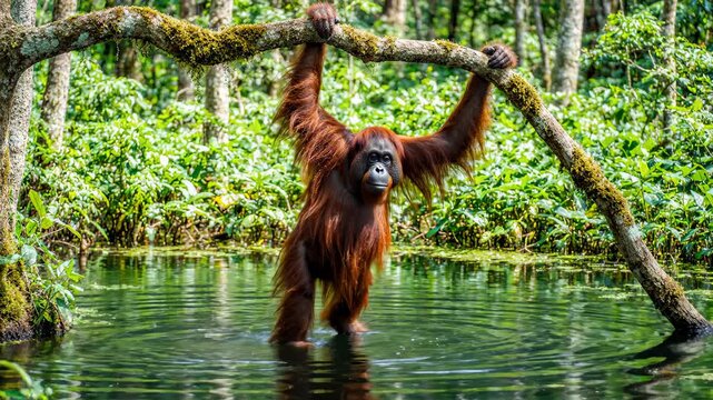An Adult Orangutan Haging From Tree Branch and Wading Through Water in a Lush Tropical Rainforest