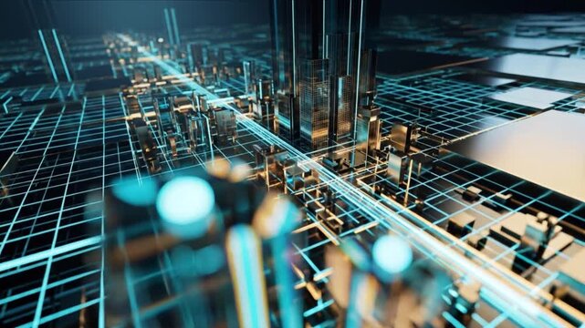 真鍮スリット開口から幾何学光グリッドへと迫るサイエンスCG背景
