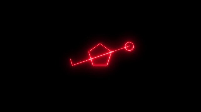 The neon-red laser line draws itself continuously from left to right, smoothly forming the pentagon and circular shape.