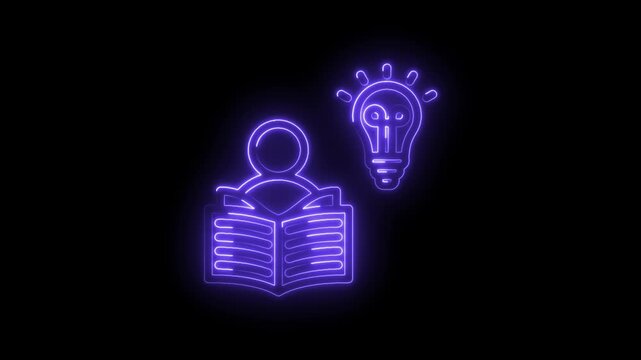 Glowing neon purple icon of a person reading a book next to a bright lightbulb symbolizing