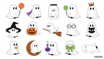 Fototapeta premium Halloween white ghost vector set with pumpkin hat and broom