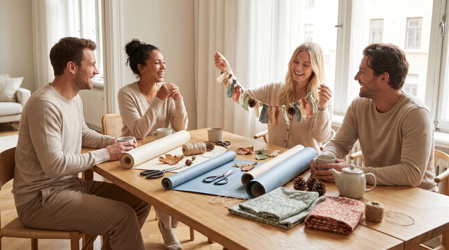 Group of friends creating crafts together in a cozy environment