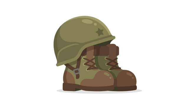 Military combat boots and army helmet equipment illustration.