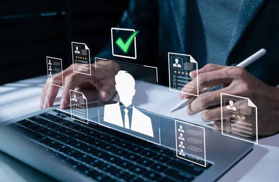 Recruitment and candidate selection concept. Recruiter reviewing resumes, illustrating hiring, applicant screening, talent evaluation, HR workflow, qualification matching, workforce decision making