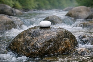 Obraz premium A lone rock sits atop the flowing river