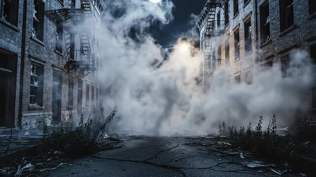 夜間の都市破壊と激しい爆発の暗い雰囲気を感じさせる街路.