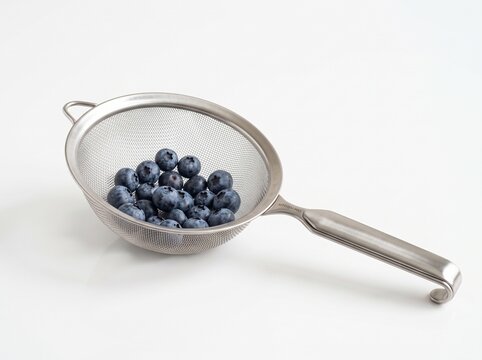 Fresh blueberries in stainless steel strainer colander on white background