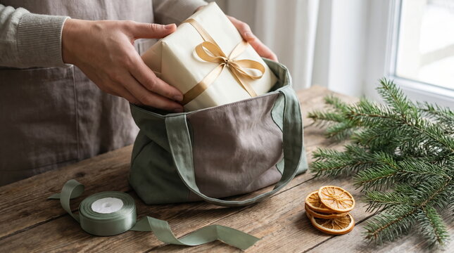 Hands wrapping Christmas gift with festive packaging at home