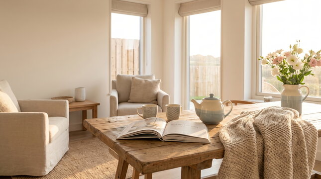 Relaxing evening tea ritual in a bright minimalist living space