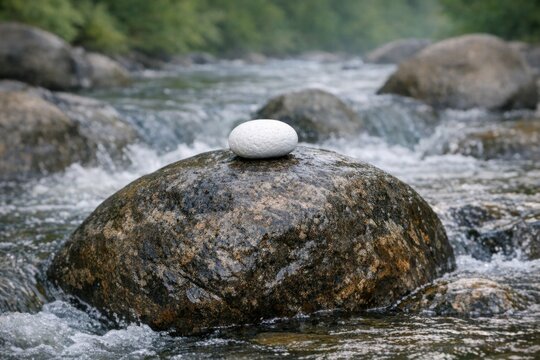 A lone rock sits atop the flowing river