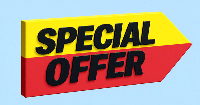 Bright yellow and red special offer sign with bold text pointing right direction