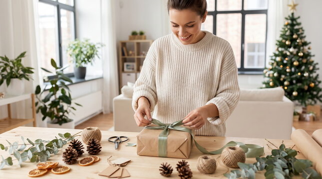 Woman crafting a handmade Christmas gift at home