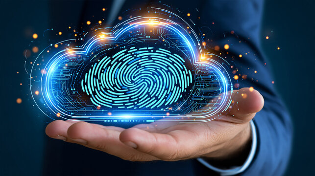 Abstract cloud computing infrastructure protected by biometric identity layers, fingerprint authentication, secure data storage, enterprise privacy, encrypted information, AI