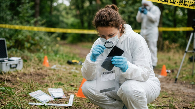 Forensic Investigator Meticulously Examines Evidence At Outdoor Crime Scene