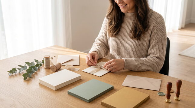 Woman preparing a beautifully set Christmas guest table with festive decorations
