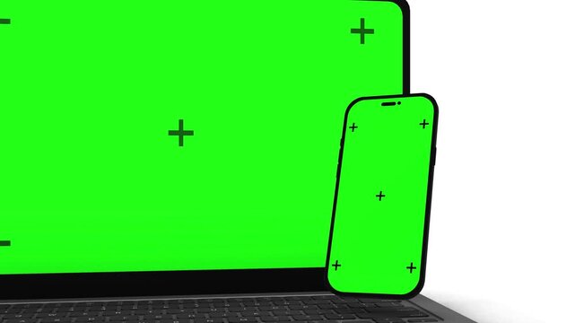 Modern desktop display mobile handset appear clean product pedestals green screens. 19 advertising, application previews, responsive web demos, branding campaigns, software showcases, editing.