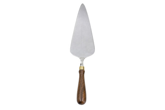 Sleek silver metal cake server with a dark wooden handle is positioned vertically on a clean white background