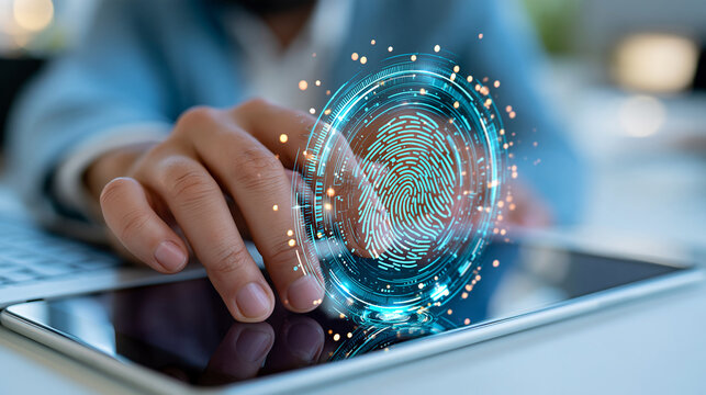 Anonymous corporate employee using fingerprint access to enter a highly secure digital workspace, biometric identity verification, zero trust architecture, confidential
