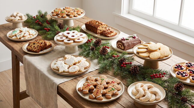 Festive Christmas dessert table featuring an assortment of cookies and treats