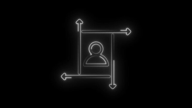 Neon outline icon person silhouette inside frame with directional arrows indicating resizing or