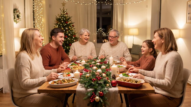 Family gathering around the table enjoying a festive Christmas dinner conversation