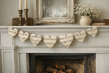 Fototapeta premium Romantic fireplace decor with multiple paper hearts