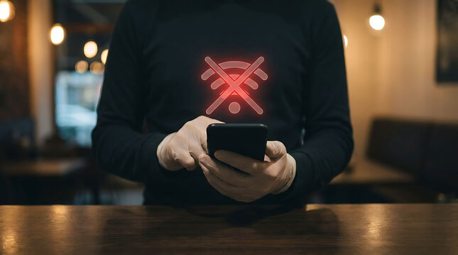 Person using a smartphone with a red glowing no wifi connection symbol overlay