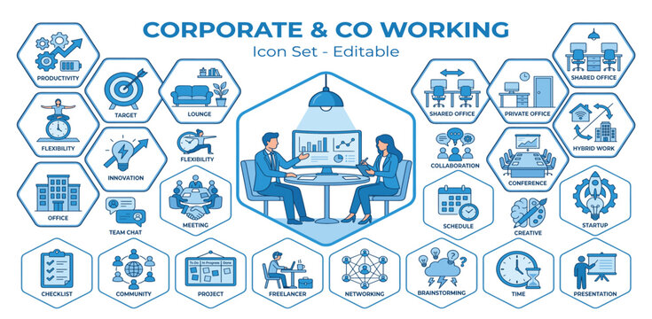 Corporate and co working icon set. Featuring workspace, hybrid work, business collaboration, startup and conference. Vector icons for office posters, 